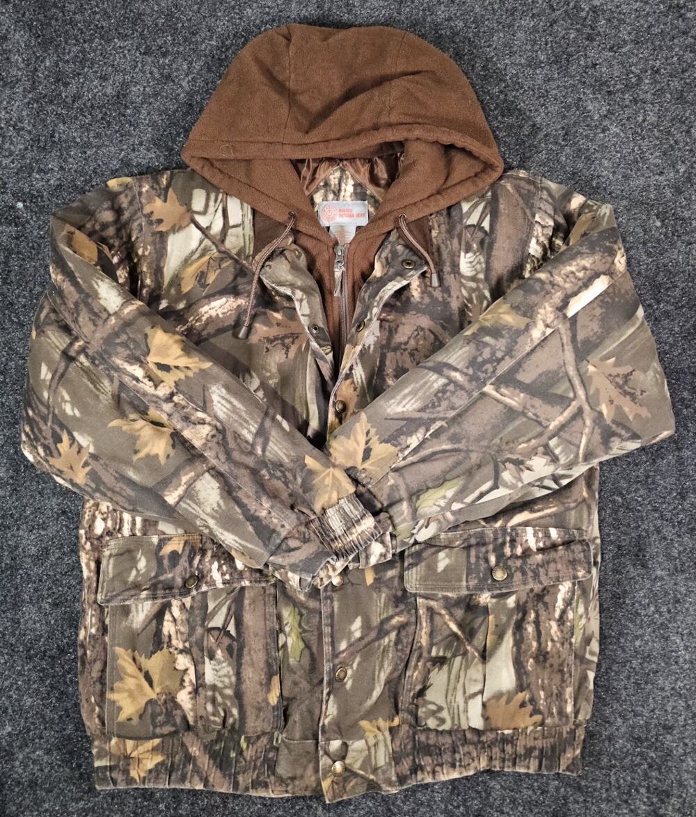 Master Sportsman Rugged Outdoor Gear Camo Liner Jacket Men XL Hooded Zip & Snap